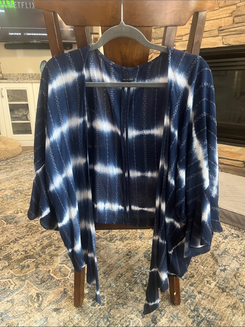 Women’s Navy and White Tie-Dye Open Kimono Top